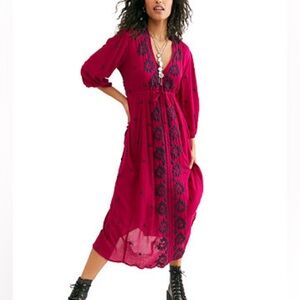 Free People Fable Embroidered V Midi Dress Magenta S